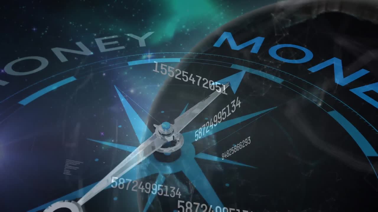 animación de la brújula con texto sobre números y procesamiento de datos.