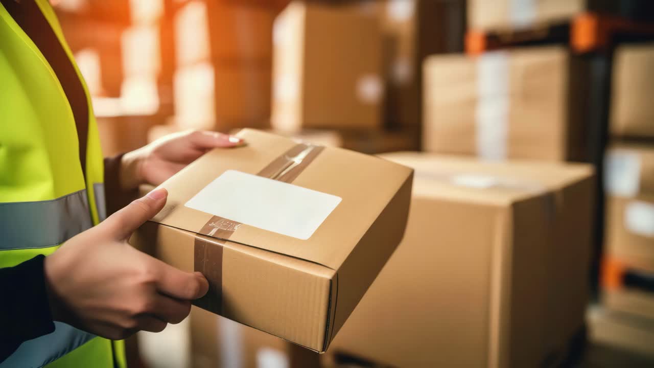 Close-up shot of hands holding a package in a warehouse, with warm lighting