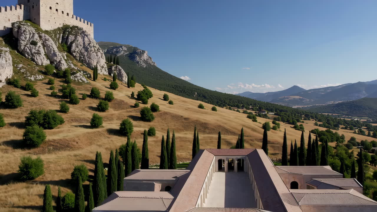 Aerial View of a Castle and Museum in the Italian Hills