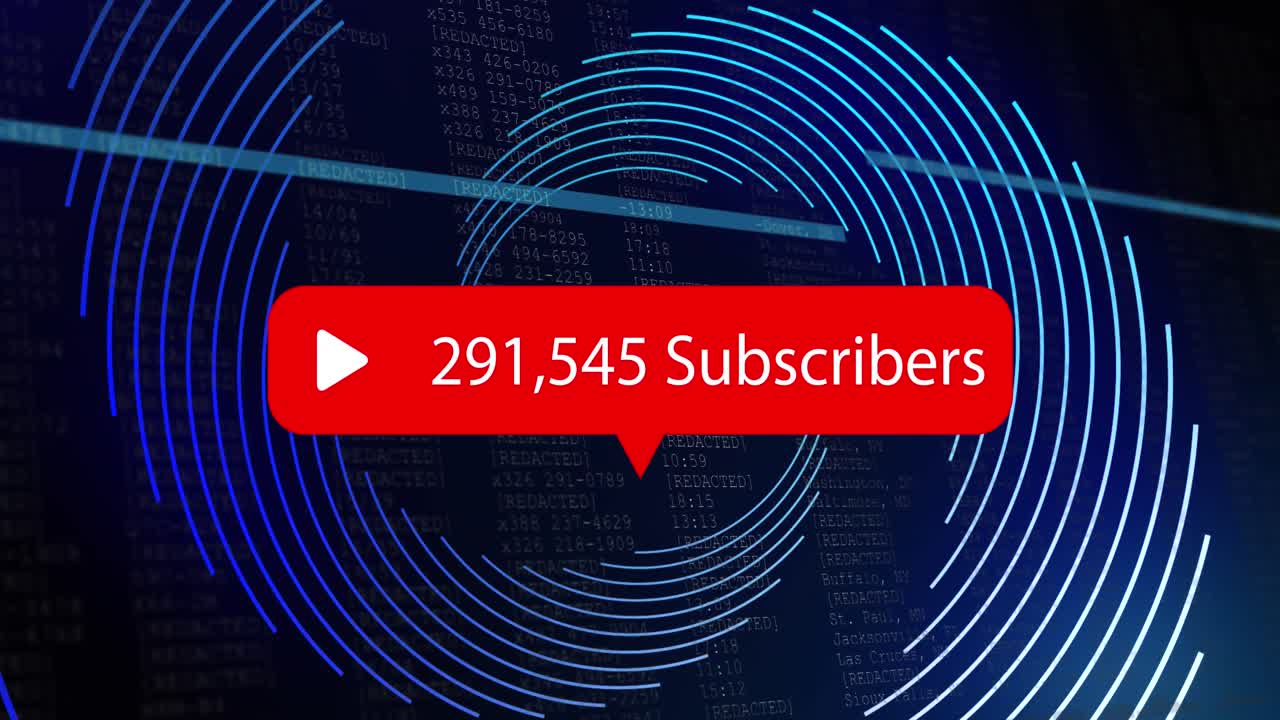 Animation of subscribers text over spinning blue lines on black background