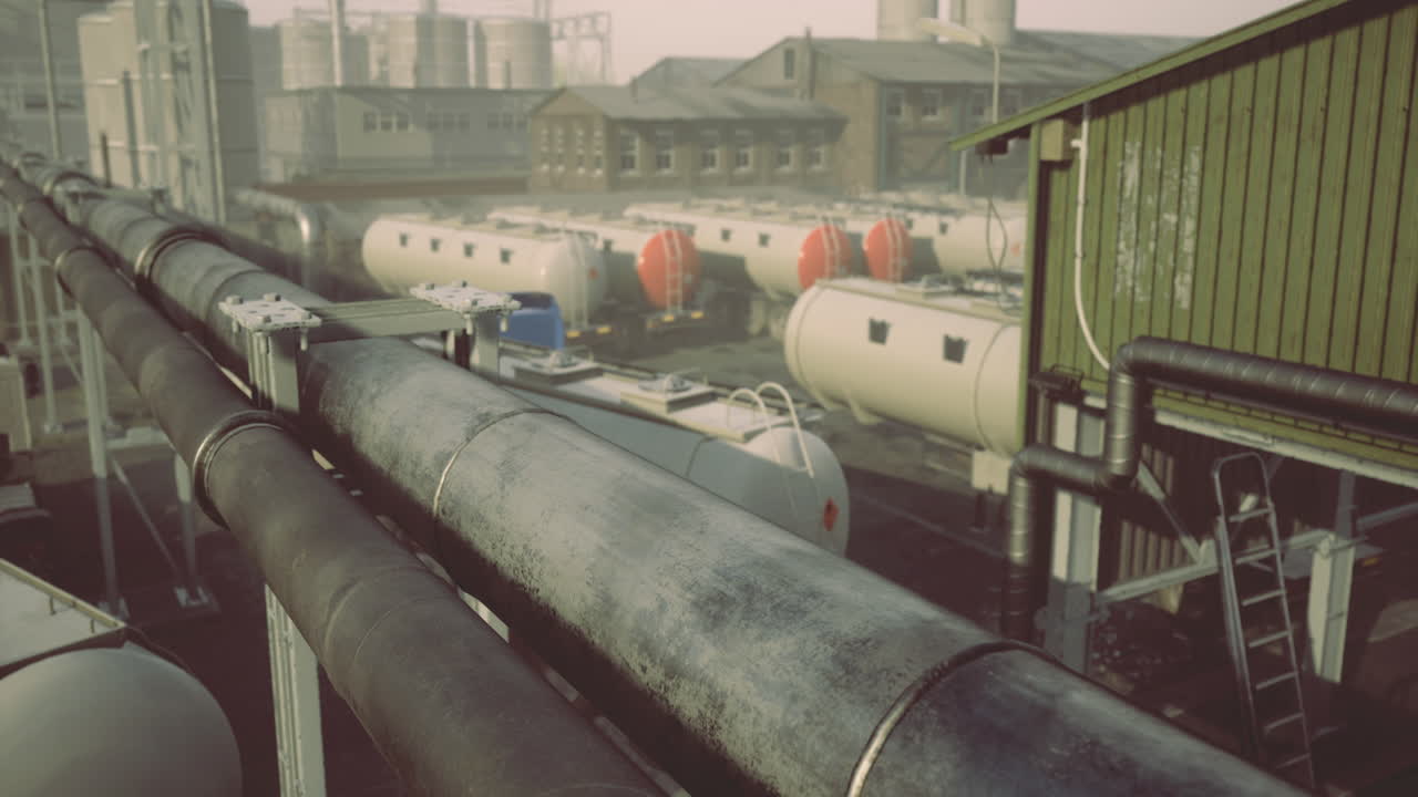Industrial facility with storage tanks and pipelines under morning light