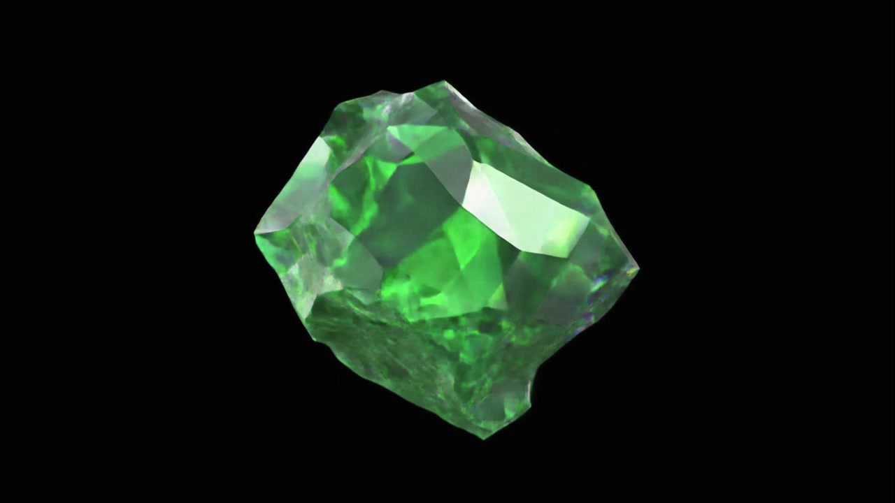 Rotating Green Gemstone Shattering into Multiple Fragments