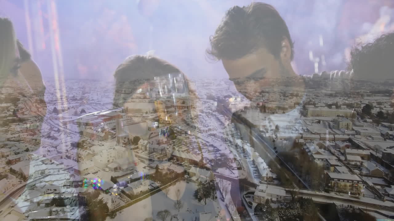 Five friends raising beer mugs in bar scene, showcasing animated snowflakes and sales chart