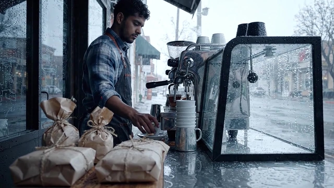 Mysig kaféscen med barista som förbereder kaffe en regnig dag, fångar värmen från ett litet kafé mitt i mulet väder och många take away-beställningar