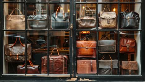 stylish leather bags displayed in shop window
