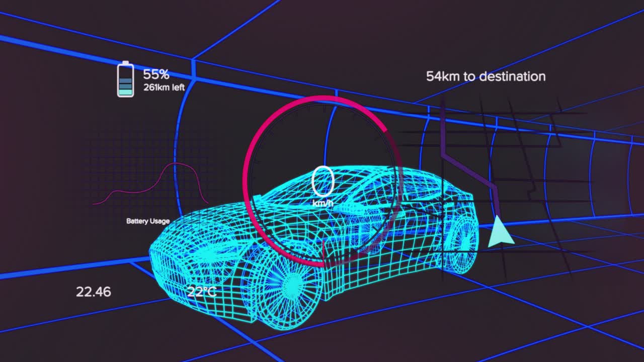 Upon gauge jumping, wireframe car accelerating and braking in neon grid tunnel for drive simulation