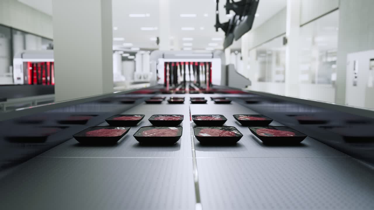 Packaged Raw Meat Trays On A Conveyor Belt In A Factory