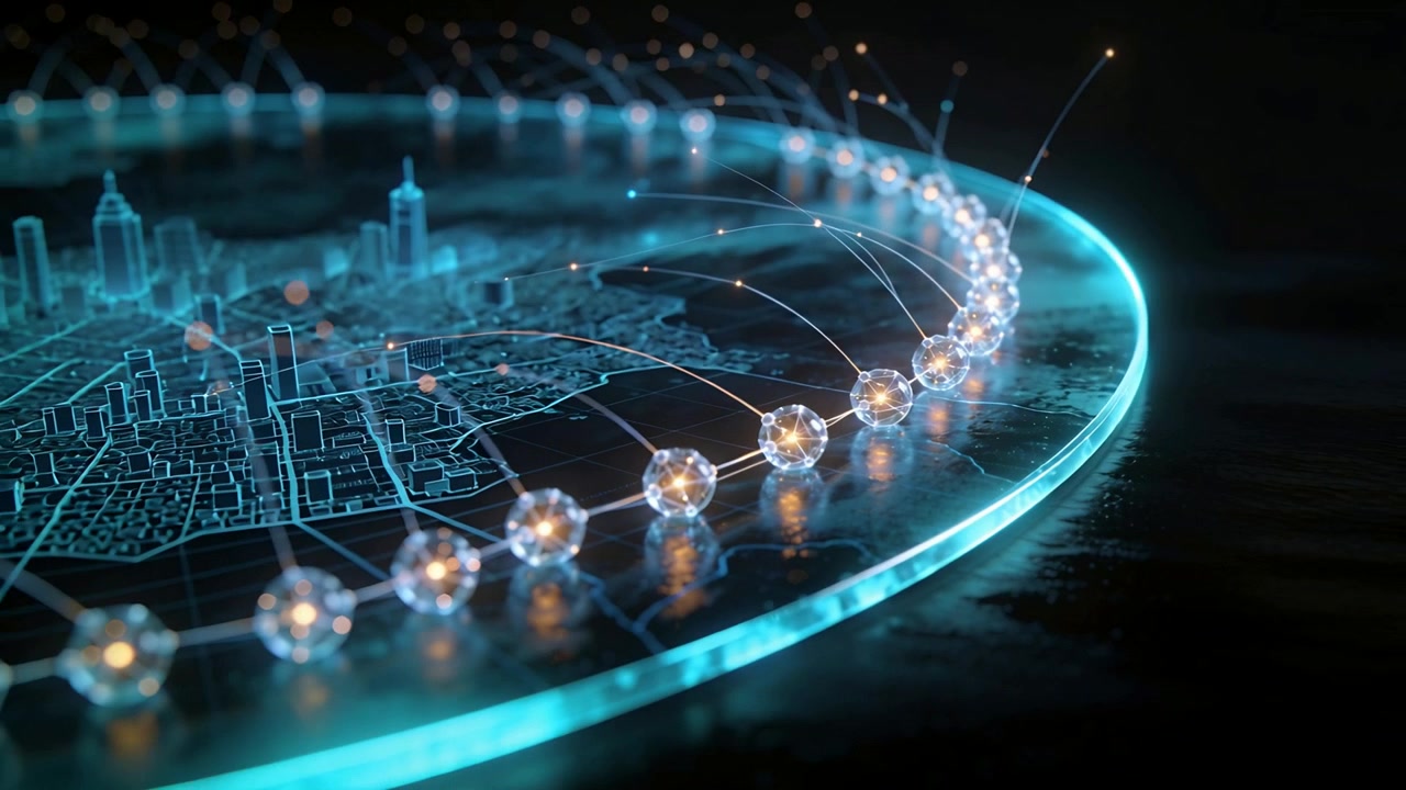 Kamera trekkes tilbake og avslører en sirkulær hologramplattform i et mørkt studio, som viser et varmt nodenettverk.