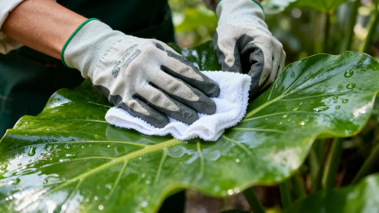Placing gardener's gloved hands in green apron pressing cloth on big shiny leaf at bench, polishing