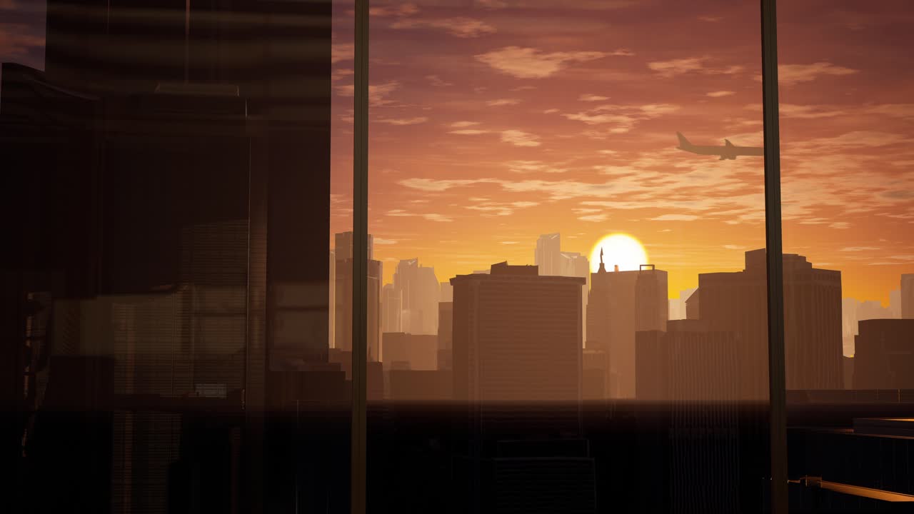 Vista del amanecer de la ciudad desde la ventana de un rascacielos.