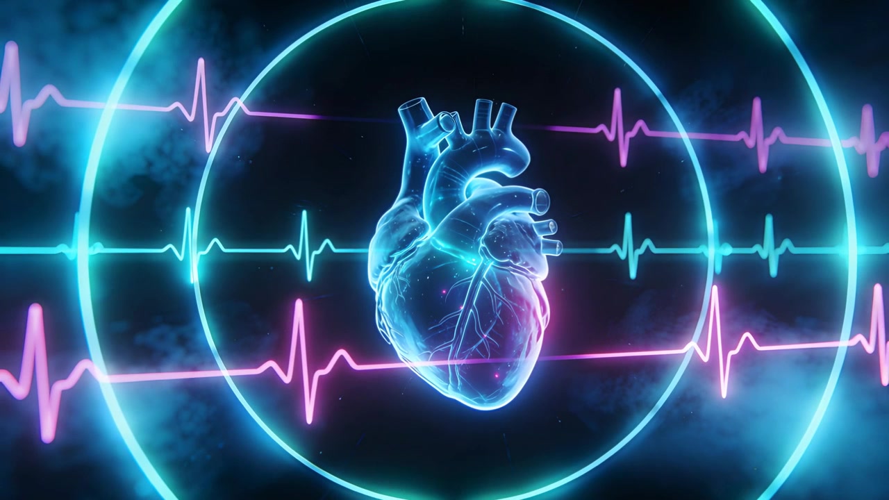 Pulsing heart hologram reacting to ECG signals in neon lab, with ring and pink cyan traces
