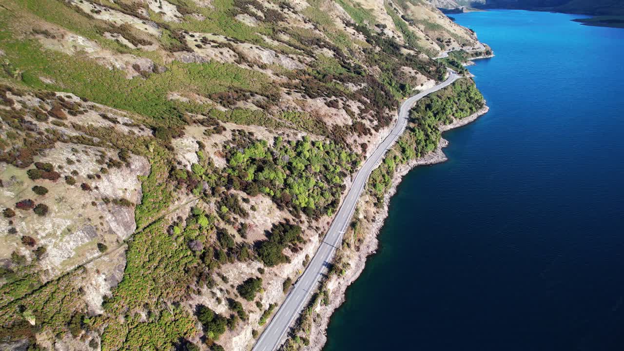 Lake Hawea And Highway Road In South Island, New Zealand - Aerial Drone Shot