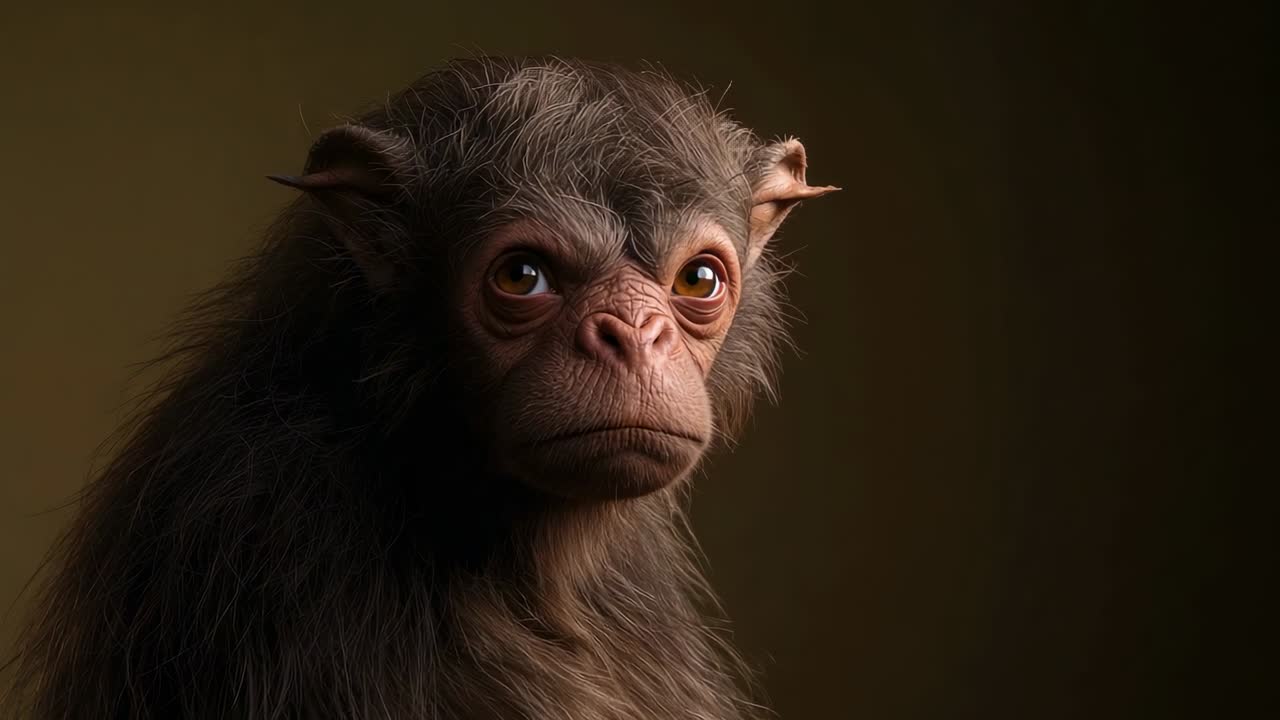 Lighting shifting causing chimpanzee turning head toward viewer in brown studio, observing