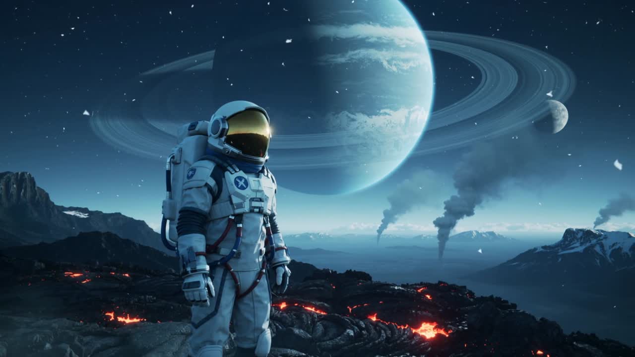 Astronaut undersøger en vulkansk slette efter landing, iført hvid dragt, guldvisir og rygsæk.