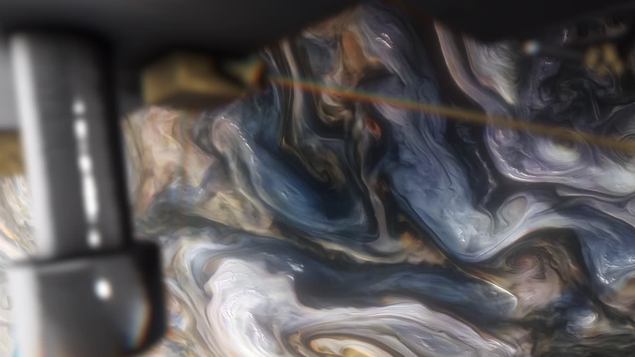 POV from Juno Probe Spacecraft Orbiting Planet Jupiter with with Abstract Liquid Patterns Created by Swirling Gases on Surface of the Gas Giant. 3D Science Space Animation 4K.