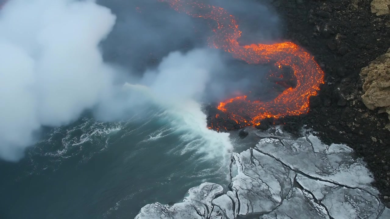 Flowing bright orange lava channel pushing into ocean, producing white steam plume and cooled shore