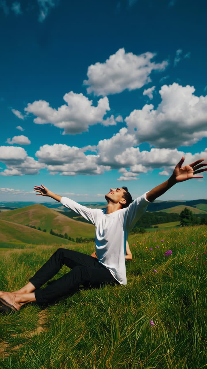 Joyful man embracing freedom in a scenic grassy landscape