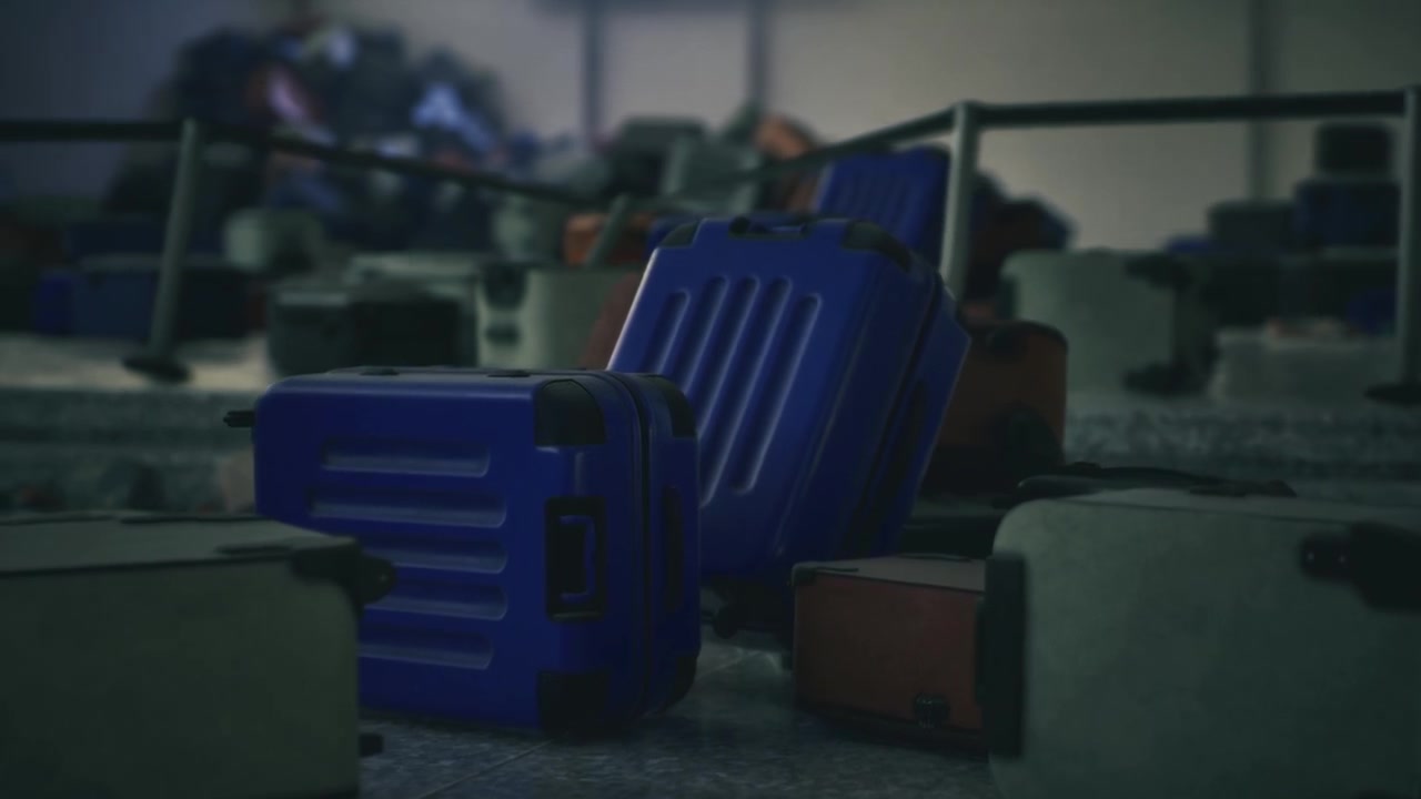 Scene portraying disorganized luggage delay in vintage styled airport setting