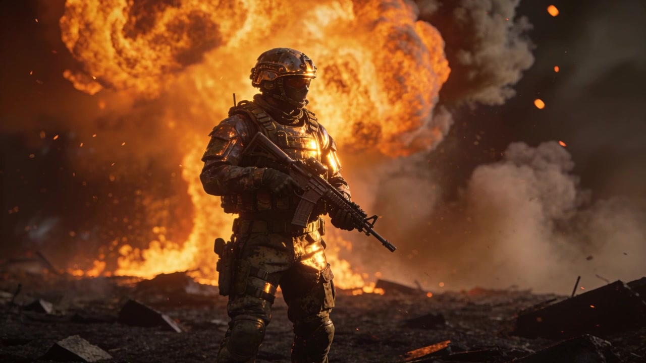 Standing soldier in armor holding rifle and holding ground on ruins while explosion erupting behind