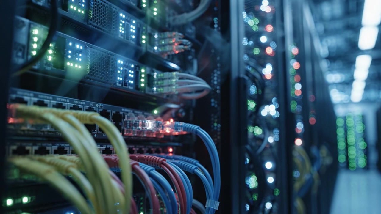 Inside a Modern Data Center: A Close-Up View of Server Racks with Colorful Cables and Illuminated Network Switches Processing High-Tech Data Solutions