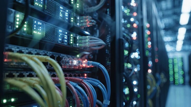 Inside a Modern Data Center: A Close-Up View of Server Racks with Colorful Cables and Illuminated Network Switches Processing High-Tech Data Solutions