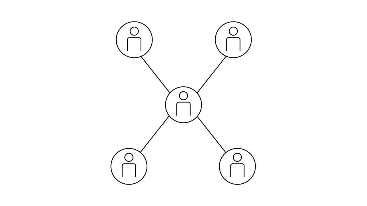 Four connected people in a simple line for teamwork animation isolated on white background