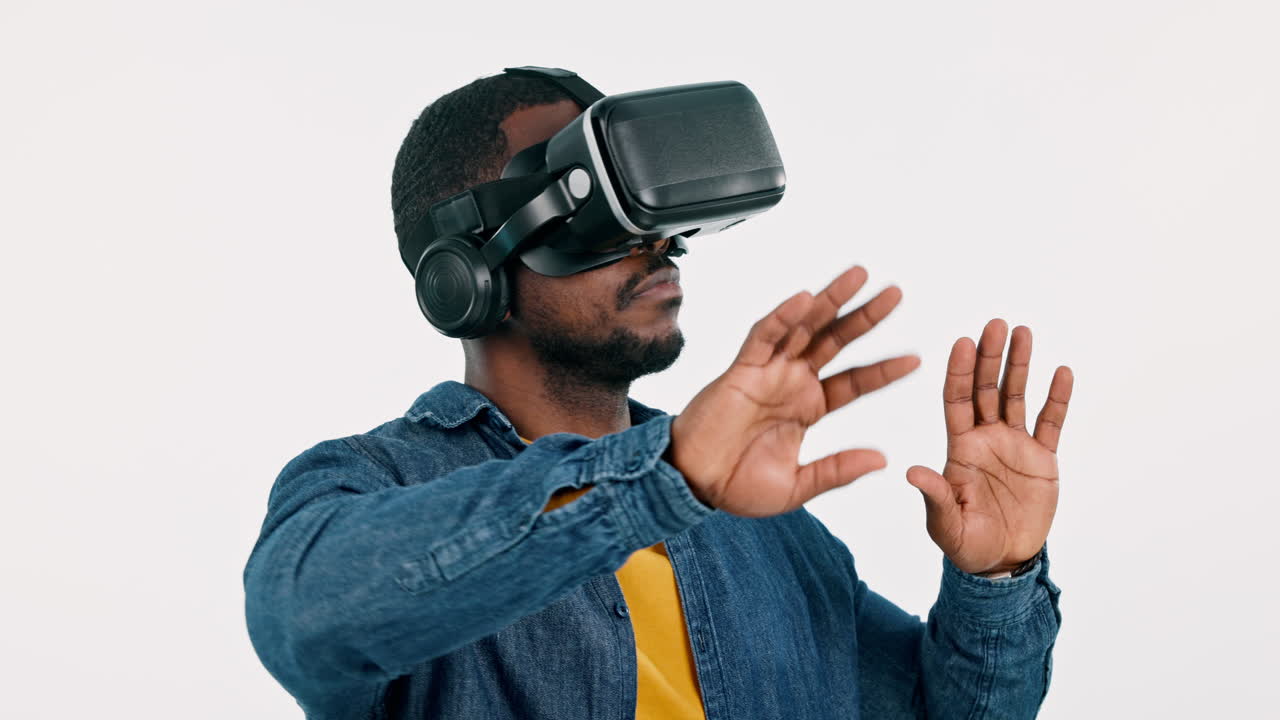 VR, hands and man in studio for digital future