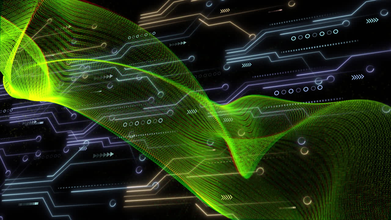Animation of light trails, circuit board and data processing over black background