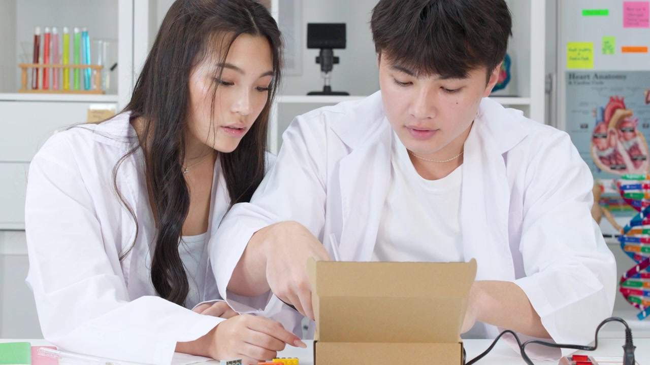 兩名穿實驗袍的學生利用紙箱合作進行科學專案。