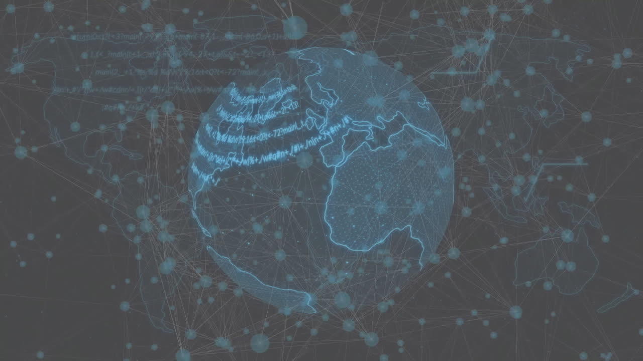 Animation of connected dots, computer language on globe against black background