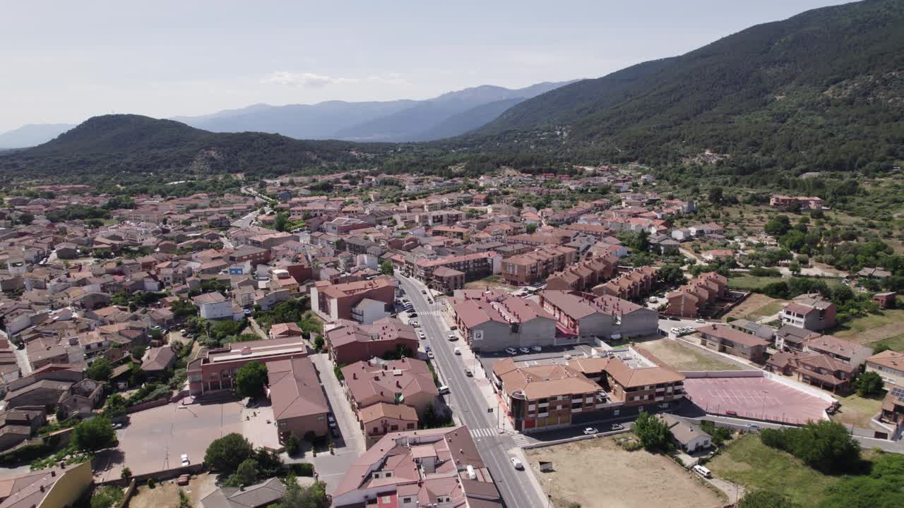 Aerial view flying across Sotillo de la Adrada Spanish municipality town in the province of &Aacute;vila