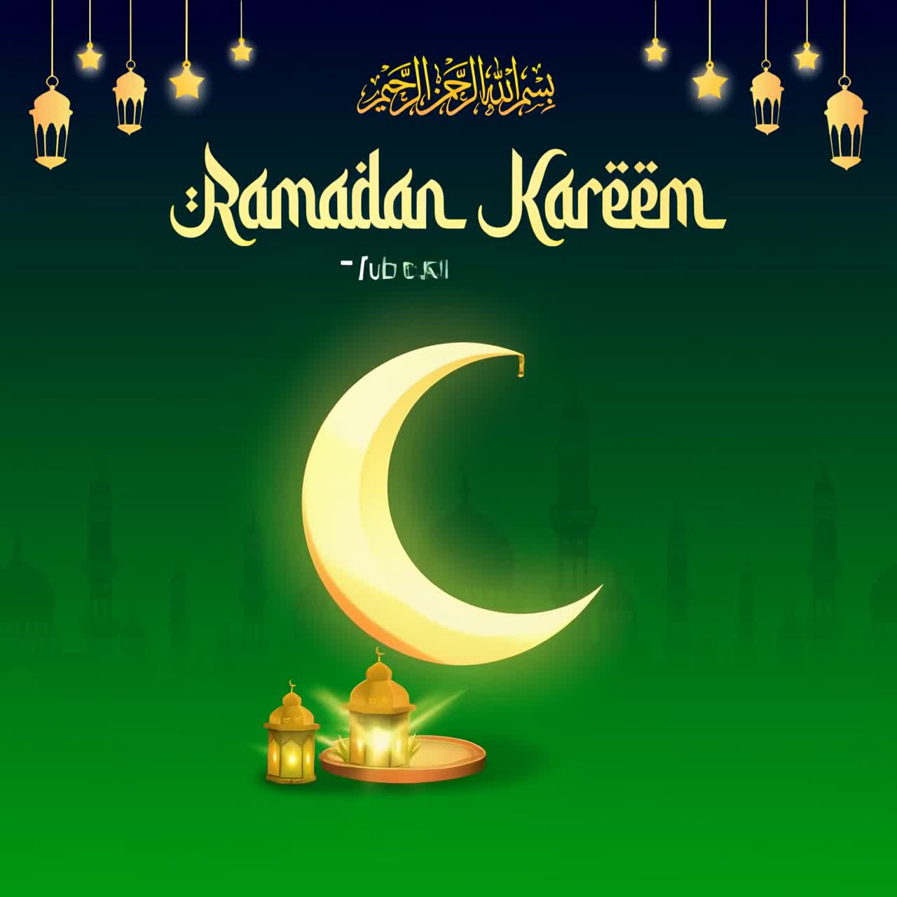 Animación de saludo de Ramadan Kareem, luna creciente brillante, farolillos, silueta de mezquita y fondo de degradado verde