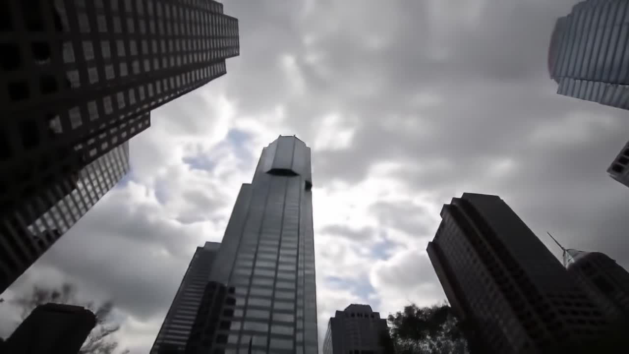 Looking up at towering buildings while dramatic clouds drift overhead in an urban setting during the afternoon. The perspective emphasizes the height and structure of the skyline.