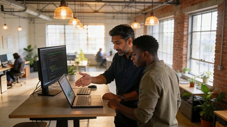 Two male colleagues standing, one pointing at code while explaining to coworker, AI-generated
