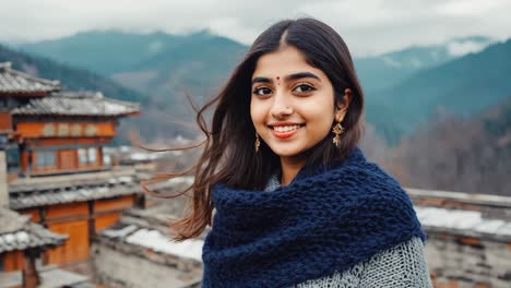 beautiful young woman wearing winter clothes smiling in a traditional village in the mountains near an ancient temple during winter holidays