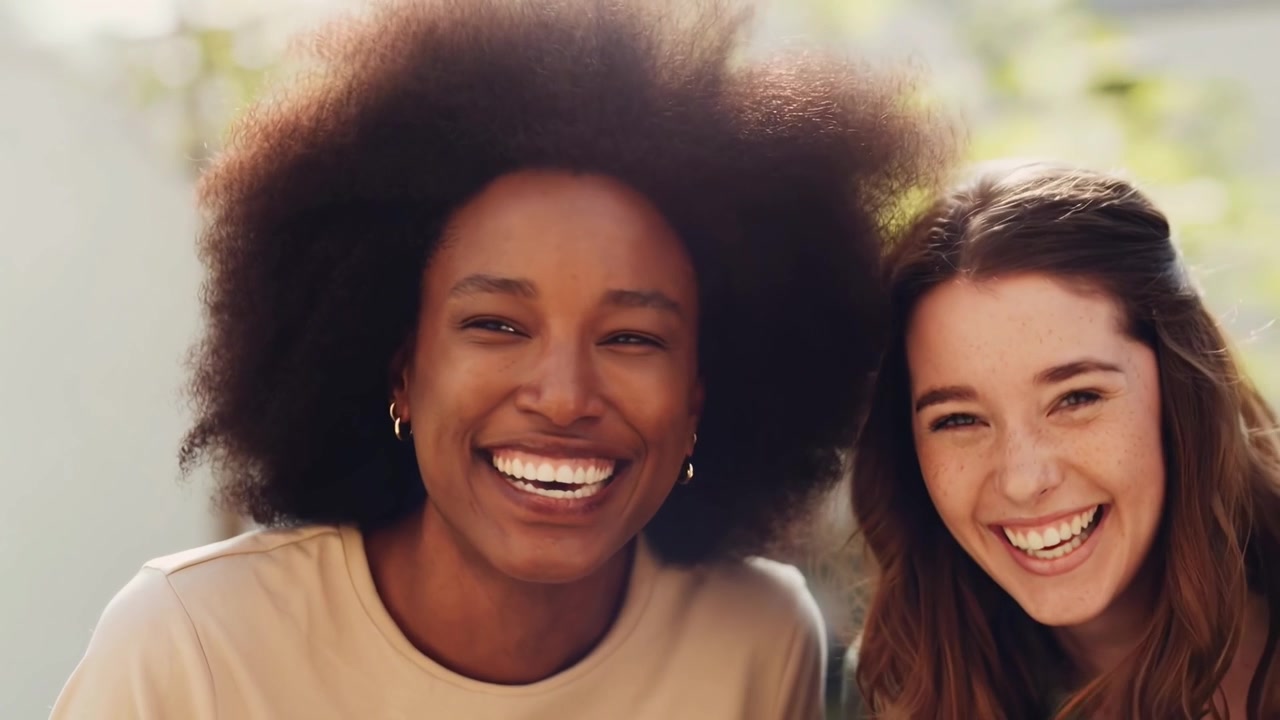 Two Diverse Young Women Laughing and Smiling Together Outdoors