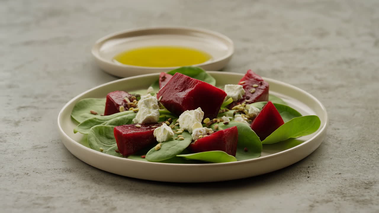 Beet Spinach Salad With Goat Cheese, Chefplated On Ceramic Plate With Olive Oil Bowl, Toasted Walnut Bits,