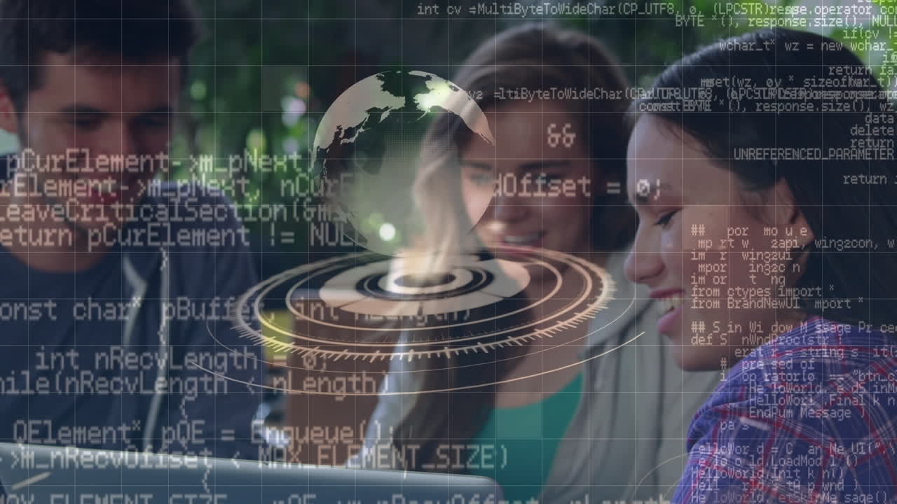 animación del procesamiento de datos sobre personas de negocios que usan auriculares telefónicos