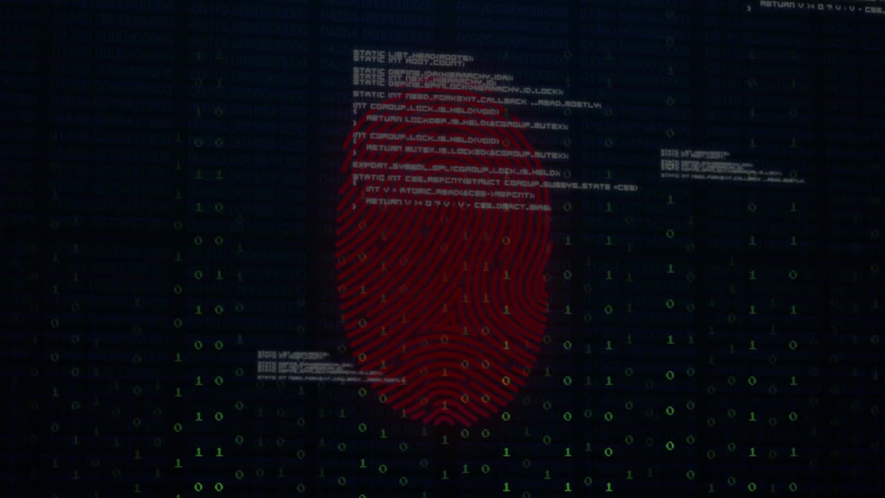 Fingerprint and binary code animation over digital data processing background