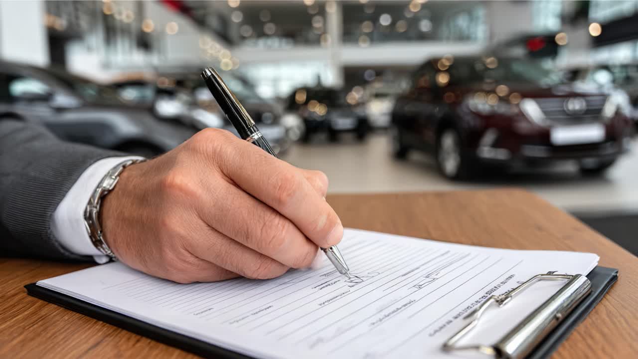 La firma del contratto: il momento dell'impegno in una concessionaria d'auto mentre un cliente completa la documentazione d'acquisto con una penna su un pad per la firma.