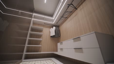 interior view of a modern wardrobe with led lighting and wooden shelves, featuring a clean design and organized space