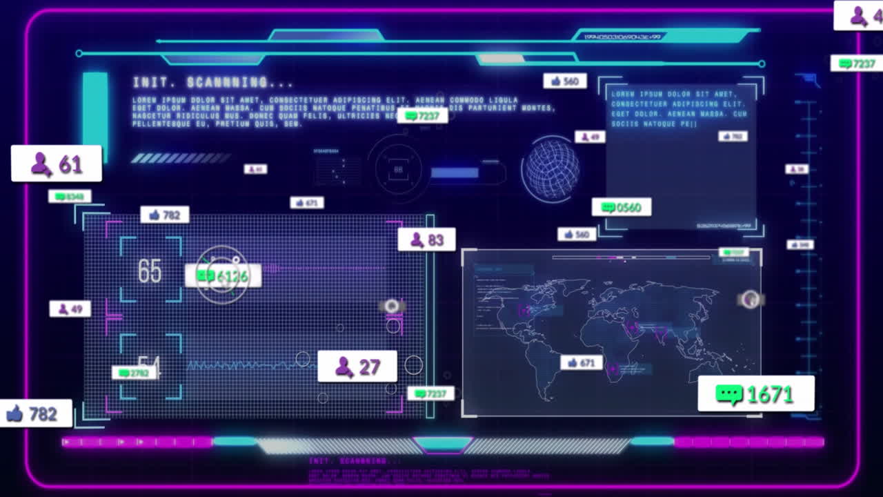 Animation of social media icons with numbers over data processing on black background