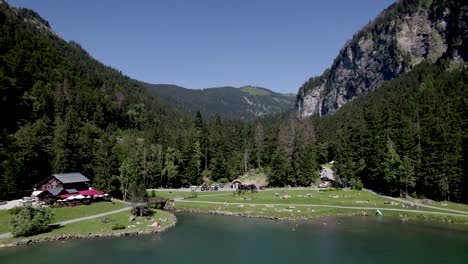 Sideways-aerial-showing-Montriond-lake-seen-from-above