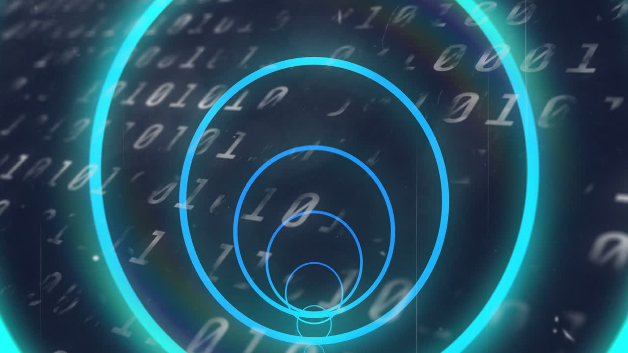 Animation of blue neon geometrical shapes over data processing