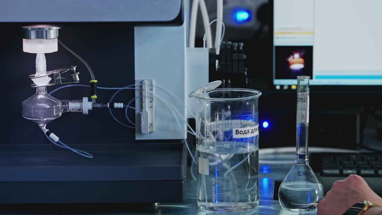 experimento de laboratorio con equipos de análisis de agua