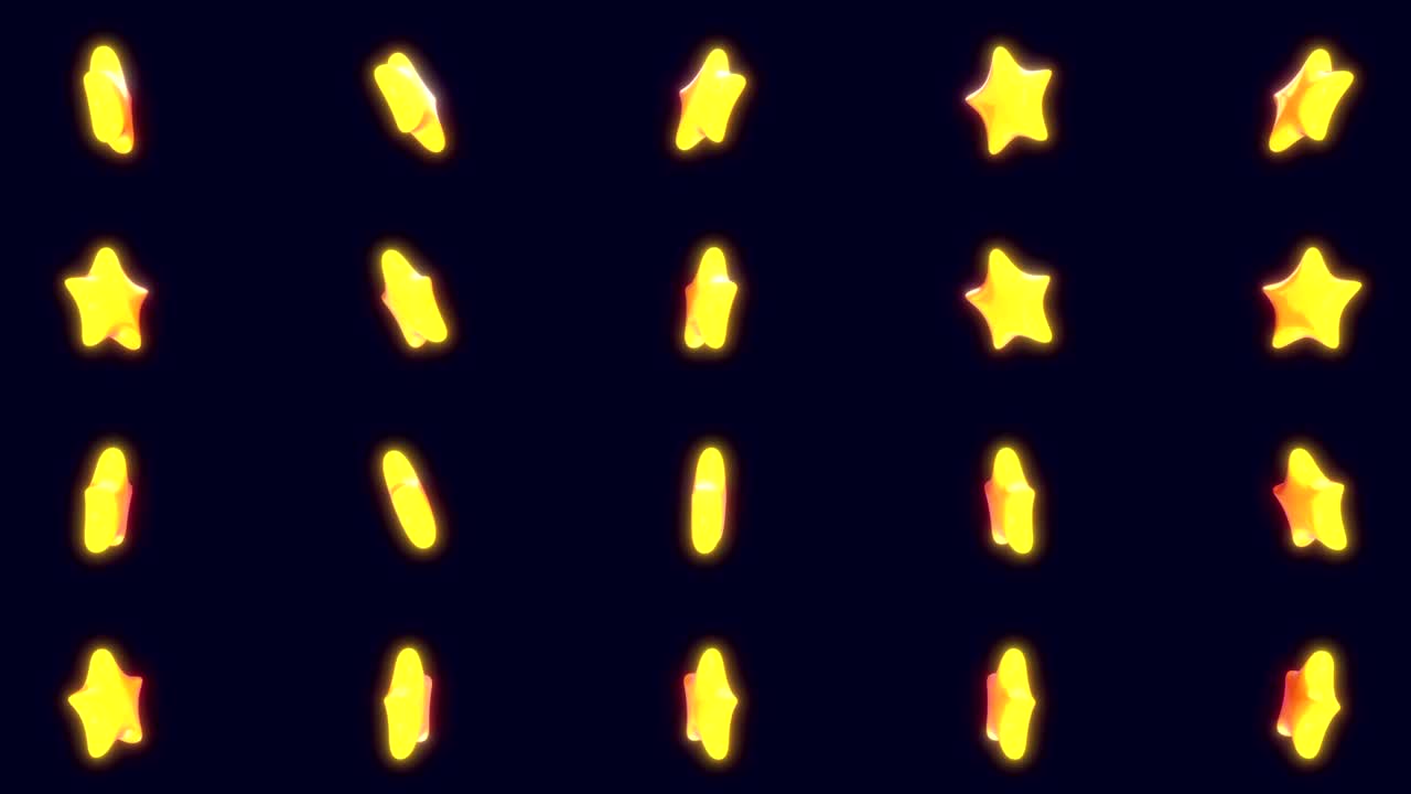 현실적인 3d 만화 노란색 별이 비행하고 검은 바탕에 회전합니다. 게임 또는 방송 장식에 대한 추상적인 밝은 개념. 루프 3d 애니메이션.