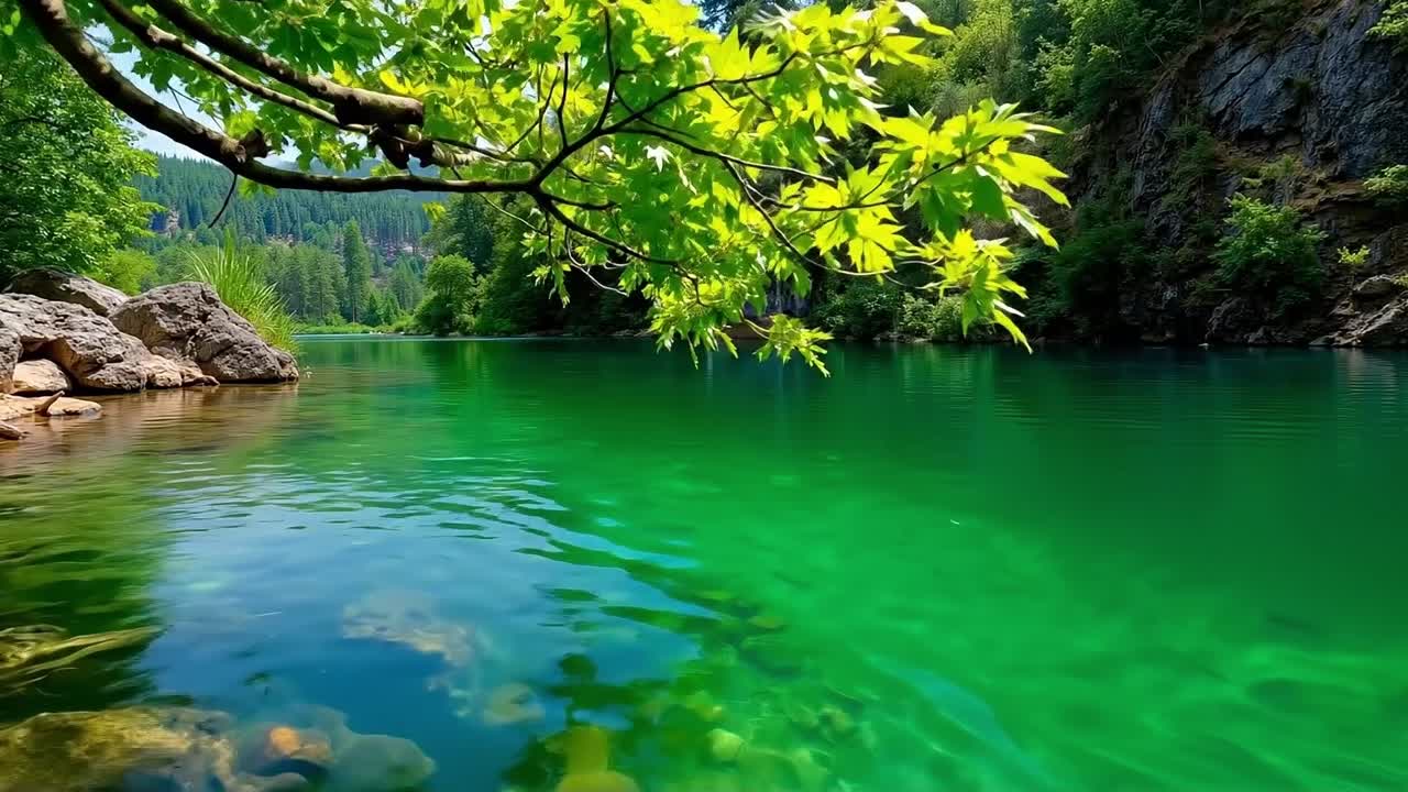 un cuerpo de agua rodeado de árboles y rocas