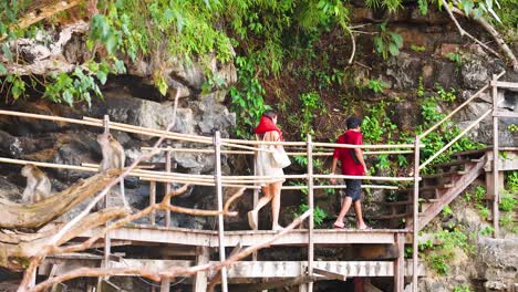 two people walking on a scenic bridge