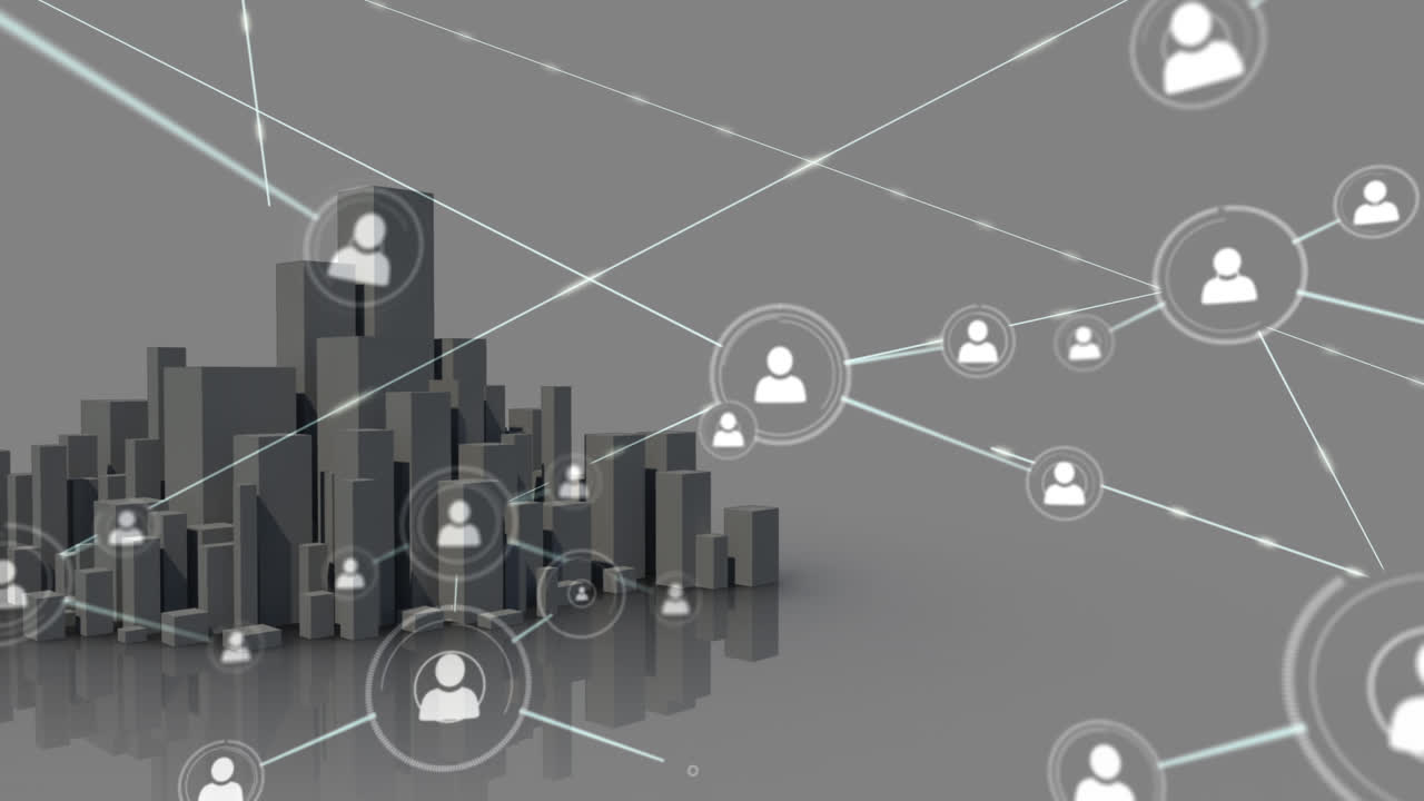 Animazione di rete di connessioni con icone su un moderno edificio