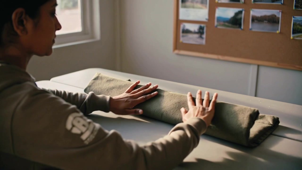 Una donna con felpa color kaki liscia e arrotola una coperta verde oliva su un tavolo in una stanza per riporla, con spazio per il testo.